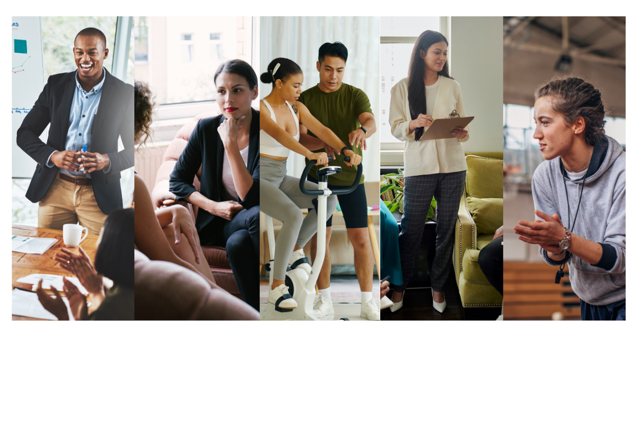 Professional coaches working with clients in business coaching, wellness coaching, fitness coaching, and personal development sessions.