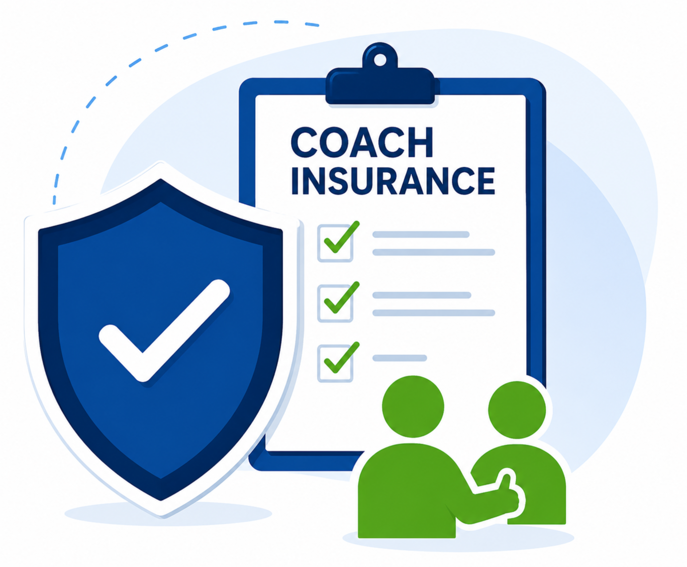 Liability insurance for coaches with shield, coverage checklist, and professional coaching icons