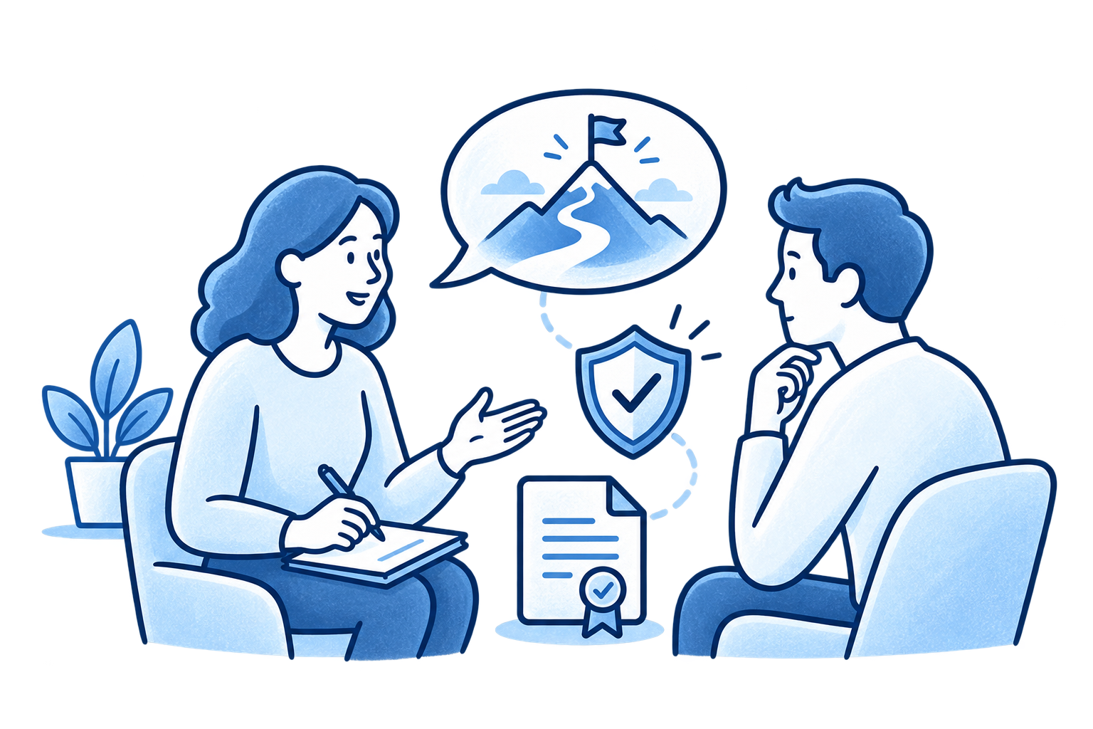 Coach and client discussing professional guidance with shield and document icons representing professional liability protection for coaching services.