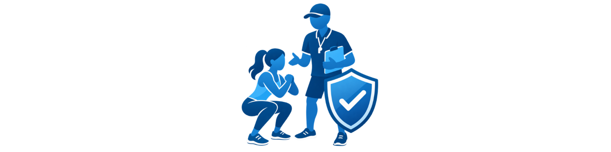 Professional liability insurance icon showing a sports and fitness coach instructing a client during an exercise session beside a protective shield.