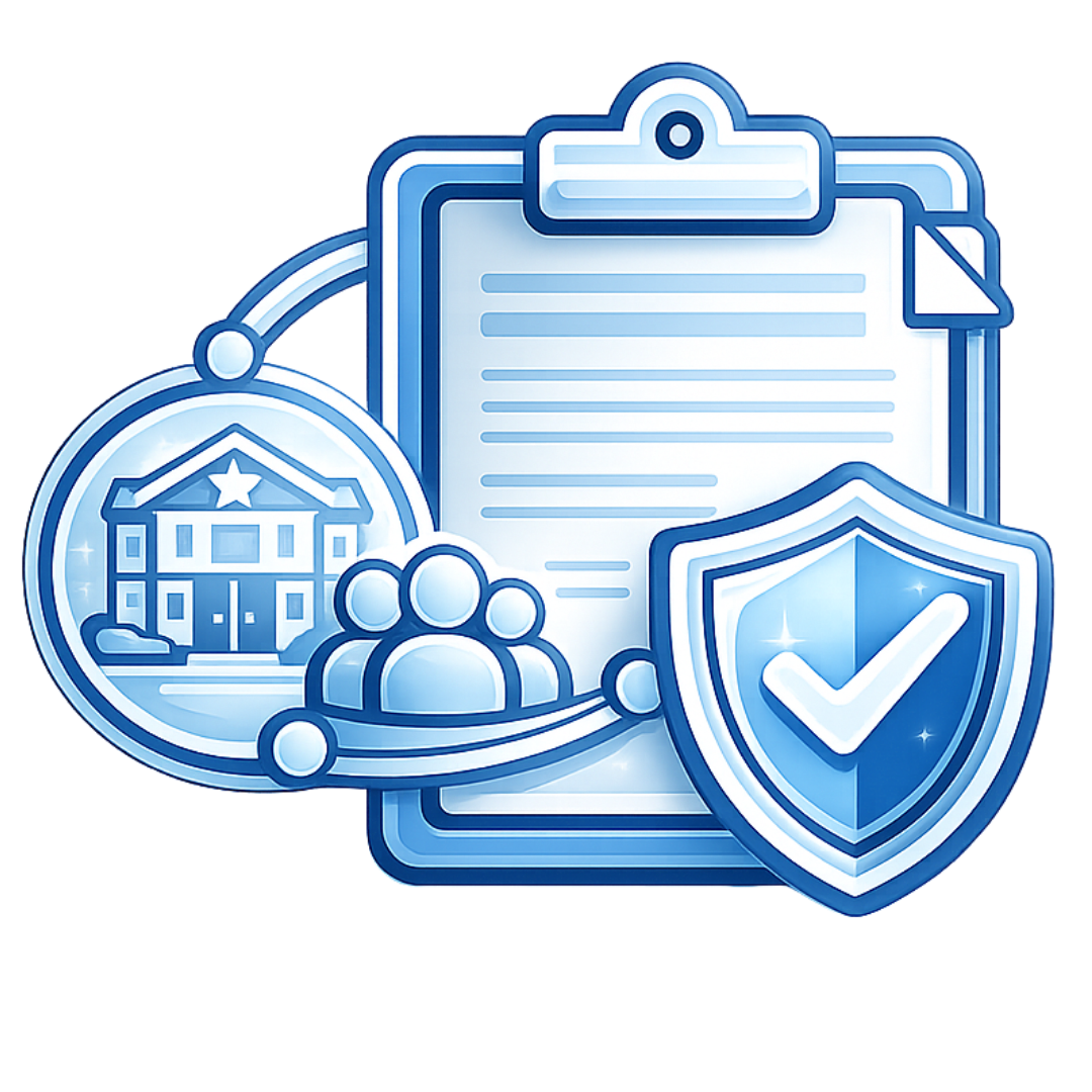Additional insured coverage for coaches icon with insurance document, venue, people, and protective shield