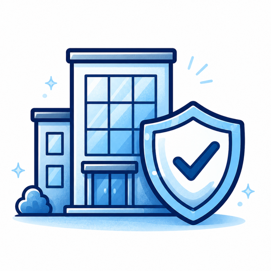 General liability insurance for coaches icon with office building and protective shield
