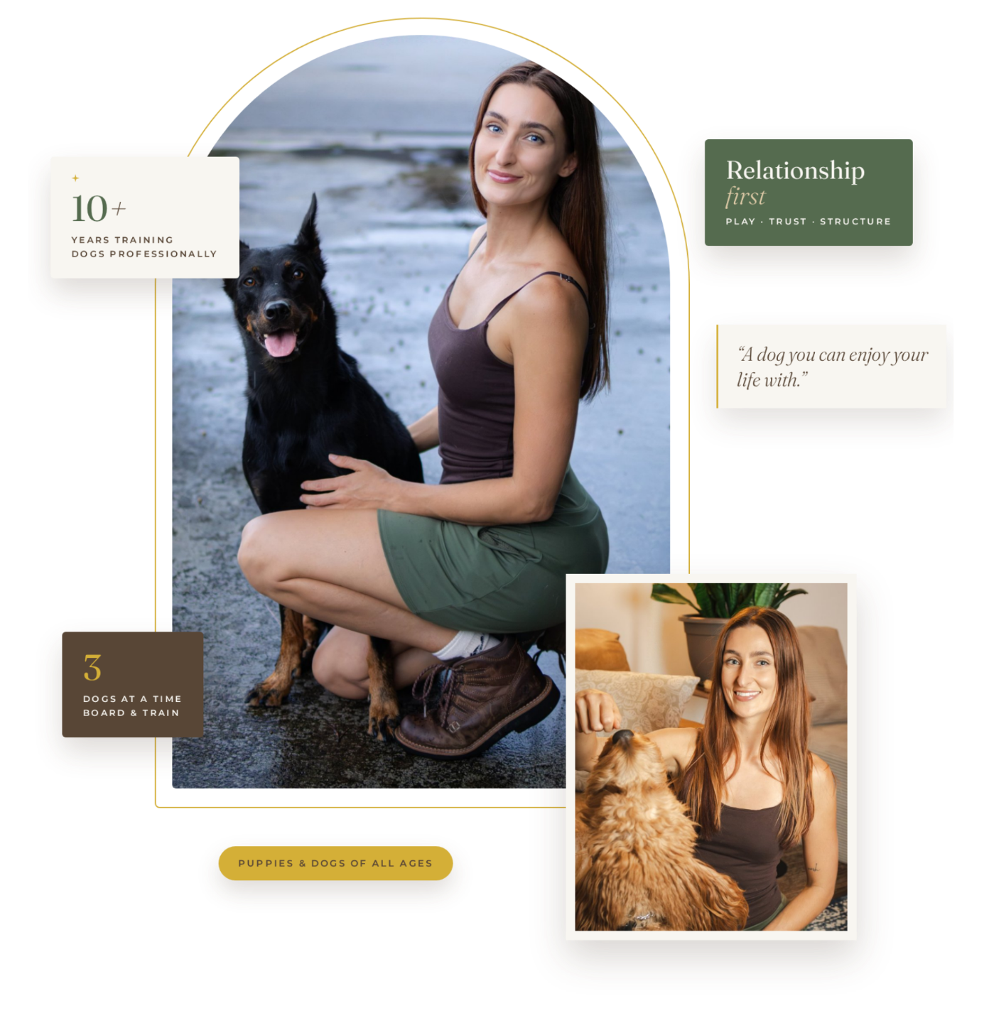 Savanah, professional dog trainer, kneeling with her black Doberman, alongside a photo of her with a goldendoodle