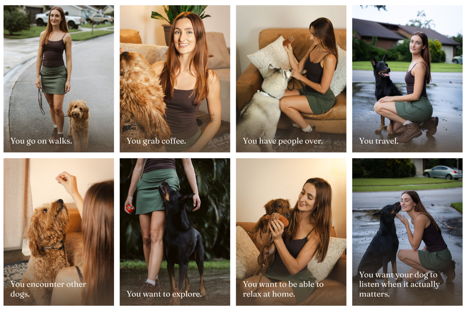 Grid of photos of Savanah with her dogs on walks, at home, traveling, and exploring together