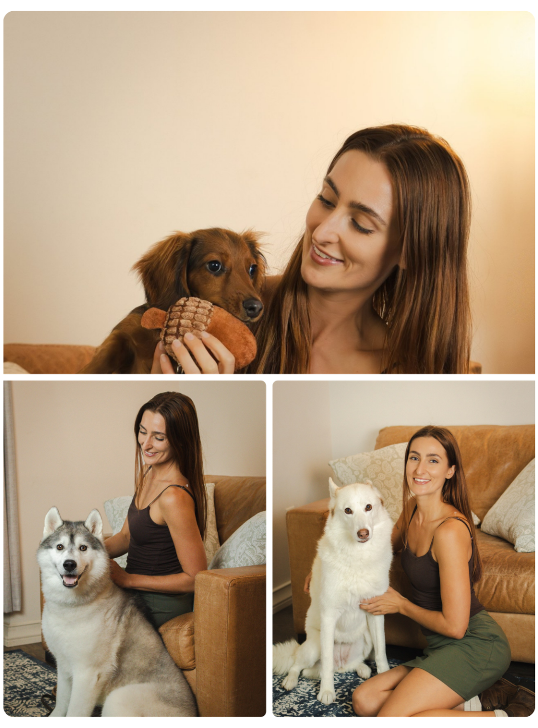 Collage of Savanah at home with a dachshund, a Siberian husky, and a white dog