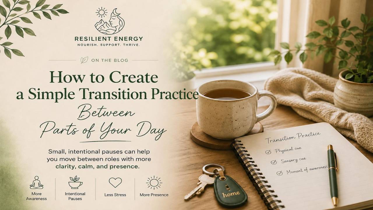 Resilient Energy blog graphic about creating a simple transition practice, featuring tea, a journal, keys and a peaceful sunlit window.