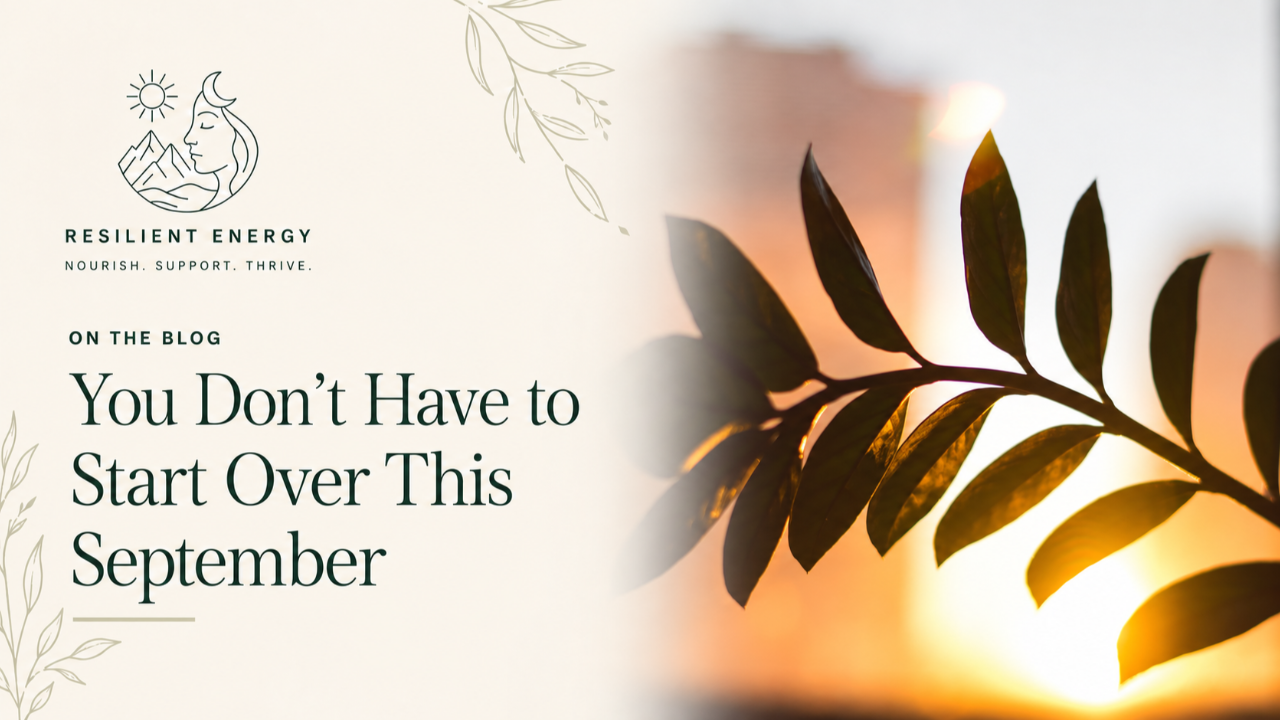 Resilient Energy blog graphic titled “You Don’t Have to Start Over This September,” featuring green leaves illuminated by warm sunlight.