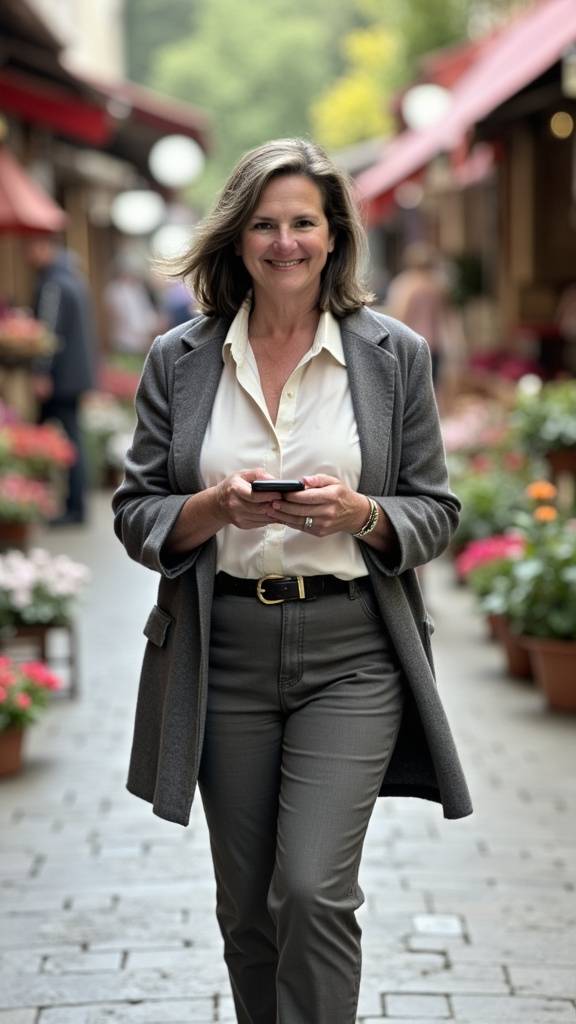 Tammy Green Mitchell walking through a flower market, looking directly at the camera