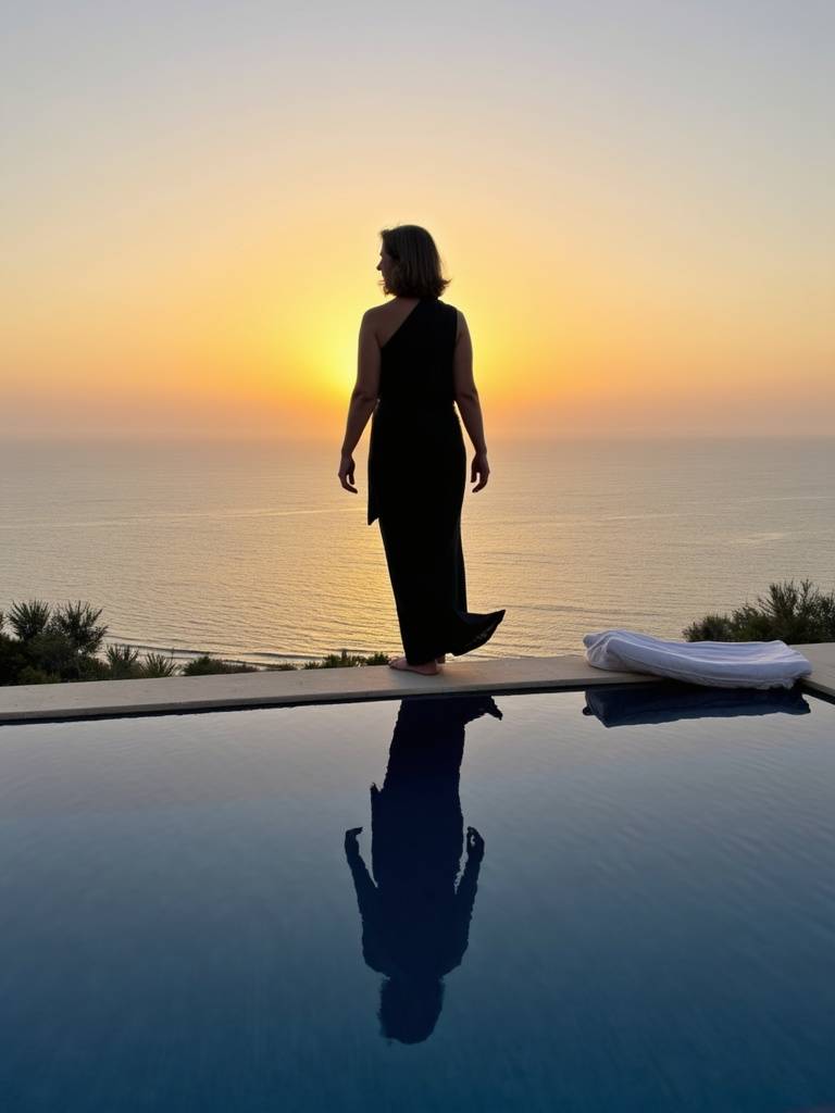 A woman stands at the edge of an infinity pool at sunset over the Mediterranean, her reflection meeting her in the water