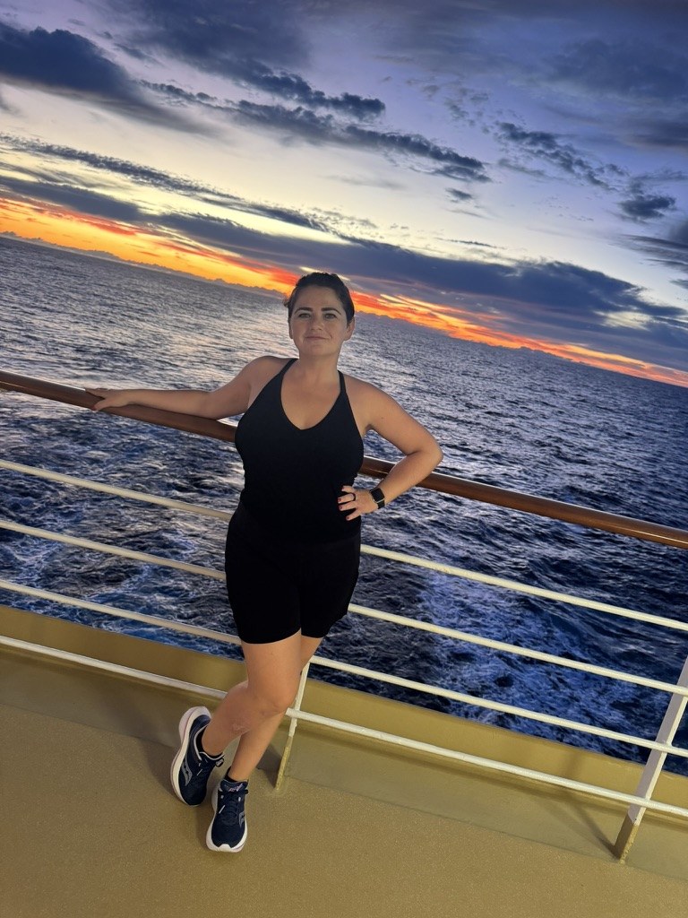 River on a cruise ship deck at sunset