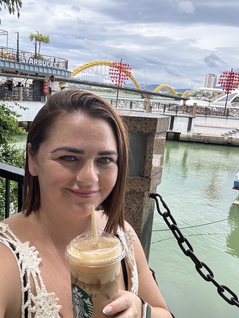 River with an iced coffee by the river in Da Nang, Vietnam
