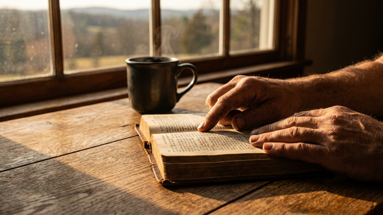 Man sitting alone at a table with an open Bible and a cup of coffee in dramatic morning light — Fortis Vera Armory apologetics series overview