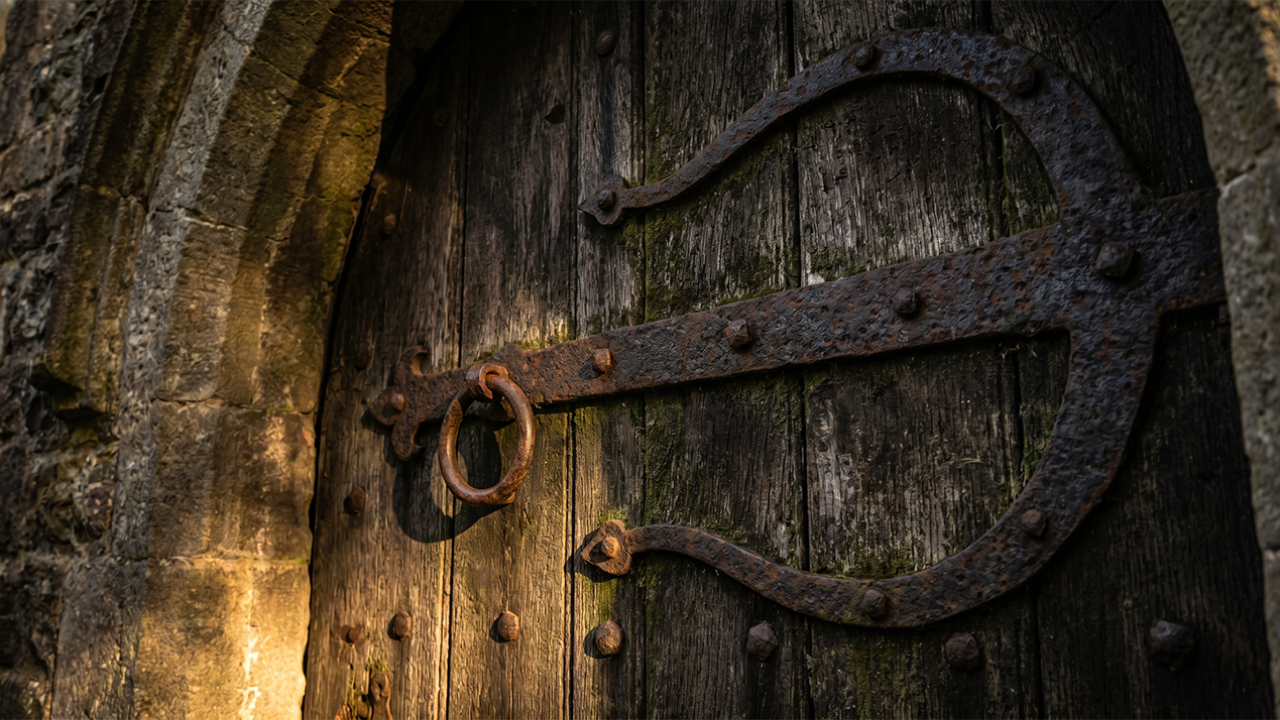 Dramatic image of a wooden church door with iron hardware in low light — Fortis Vera Armory article on the Lutheran Reformation