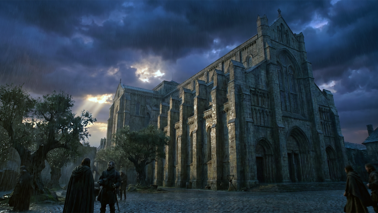 Ancient stone cathedral exterior at dusk with dramatic sky — Fortis Vera Armory article on Catholic Christianity