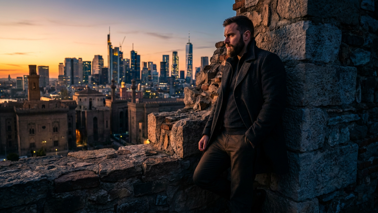 Man standing at the edge of a stone wall overlooking a city at dusk, dramatic light