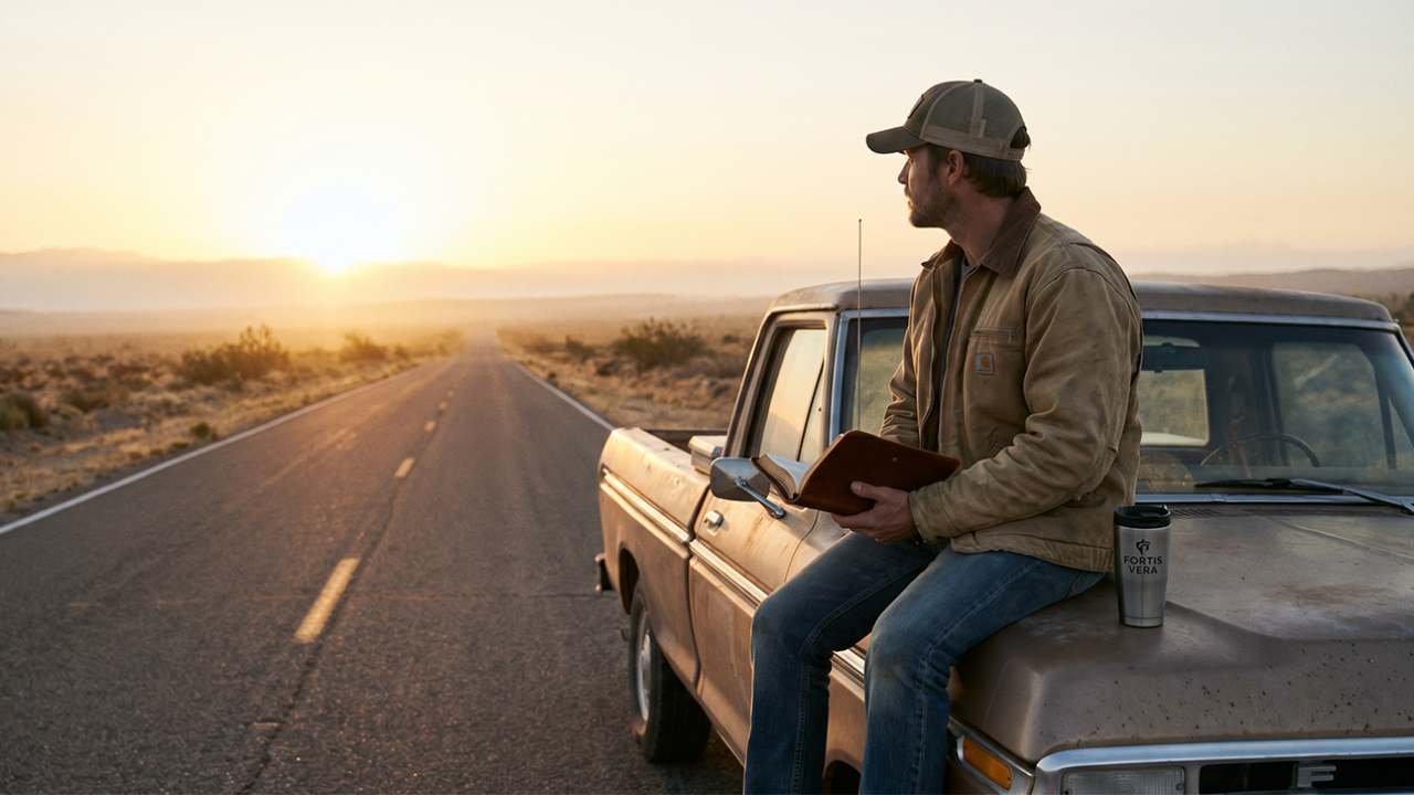 Man reading Bible at sunrise on an open road — Fortis Vera Men of the Word