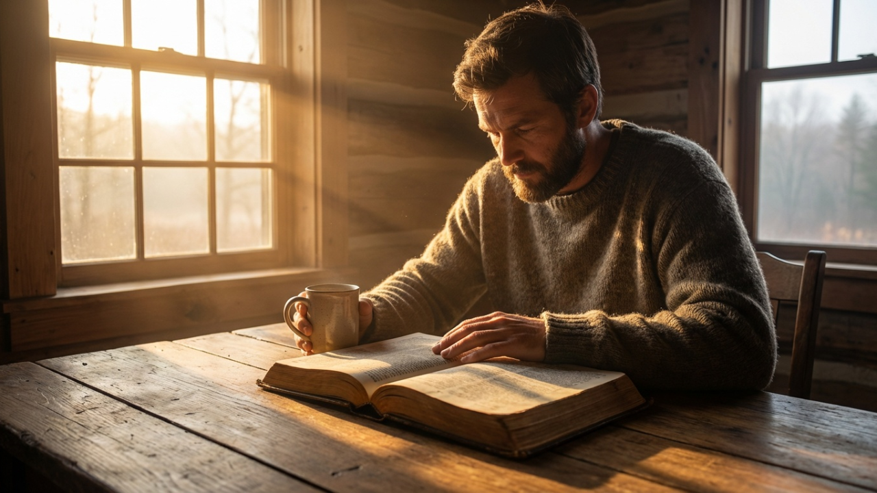 Man reading his bible in the morning, representing self-leadership and inner discipline