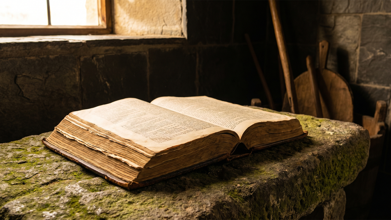 Open Bible on a stone surface with dramatic lighting — Fortis Vera Armory article on the core of Christian belief