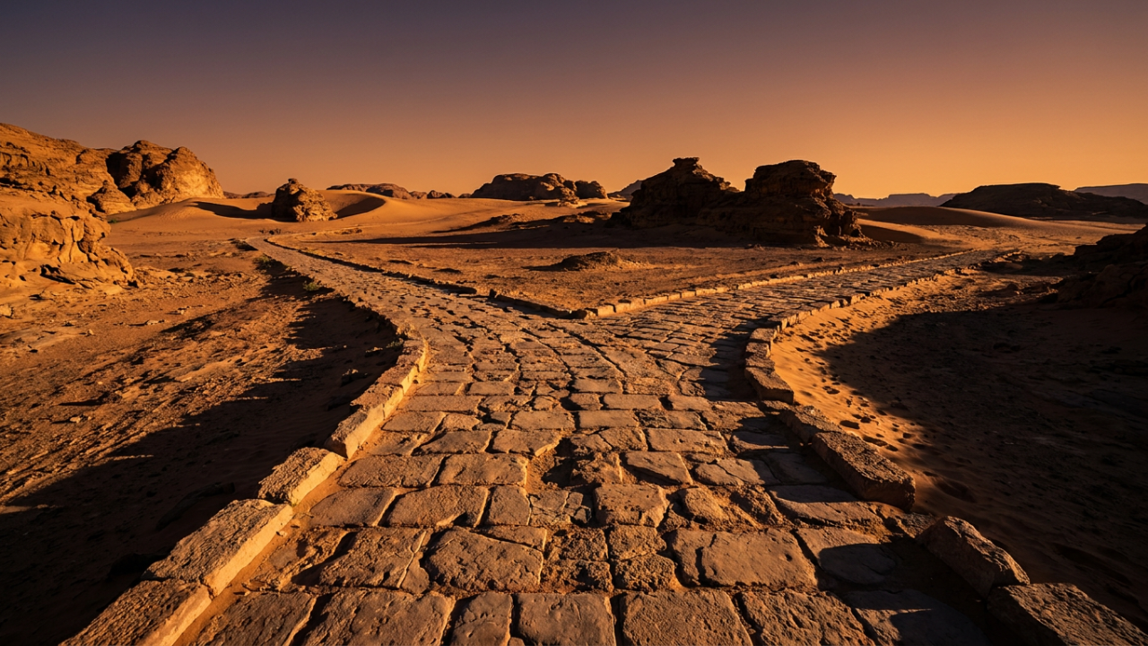Ancient road splitting into two paths in a desert landscape at dawn — Fortis Vera Armory Islam Part 1