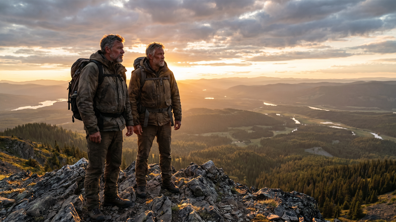 Two men standing on a mountain ridge at dawn, side by side, overlooking a valley — representing brotherhood and standing firm together.
