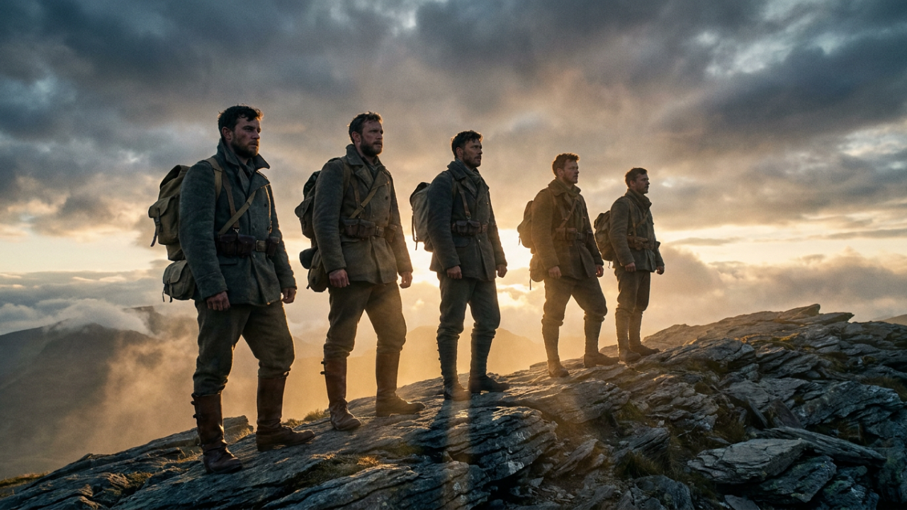 Group of men standing together on a mountain ridge at dawn, dramatic light — Fortis Vera article on brotherhood and courage