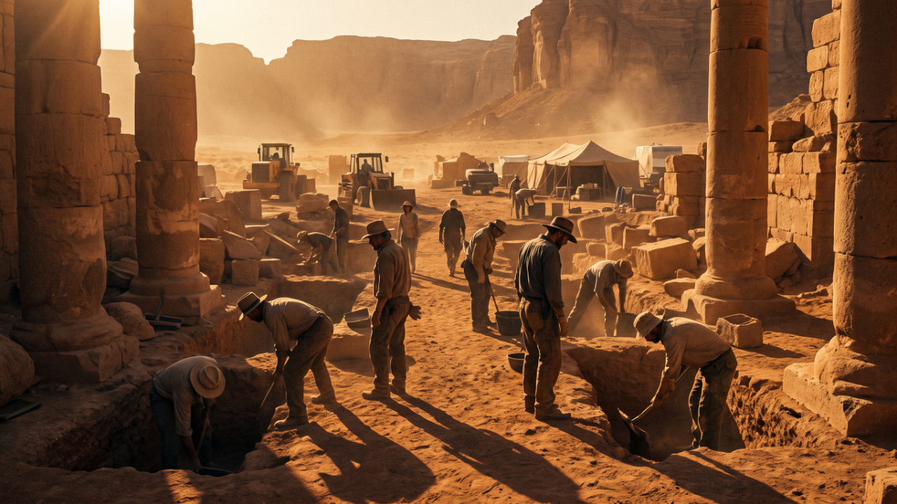 Archaeological excavation site with ancient stone ruins in dramatic desert light — Fortis Vera Armory article on biblical archaeology