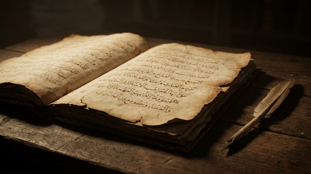 Open ancient manuscript with Arabic script in dramatic lighting — Fortis Vera Armory Islam Part 2