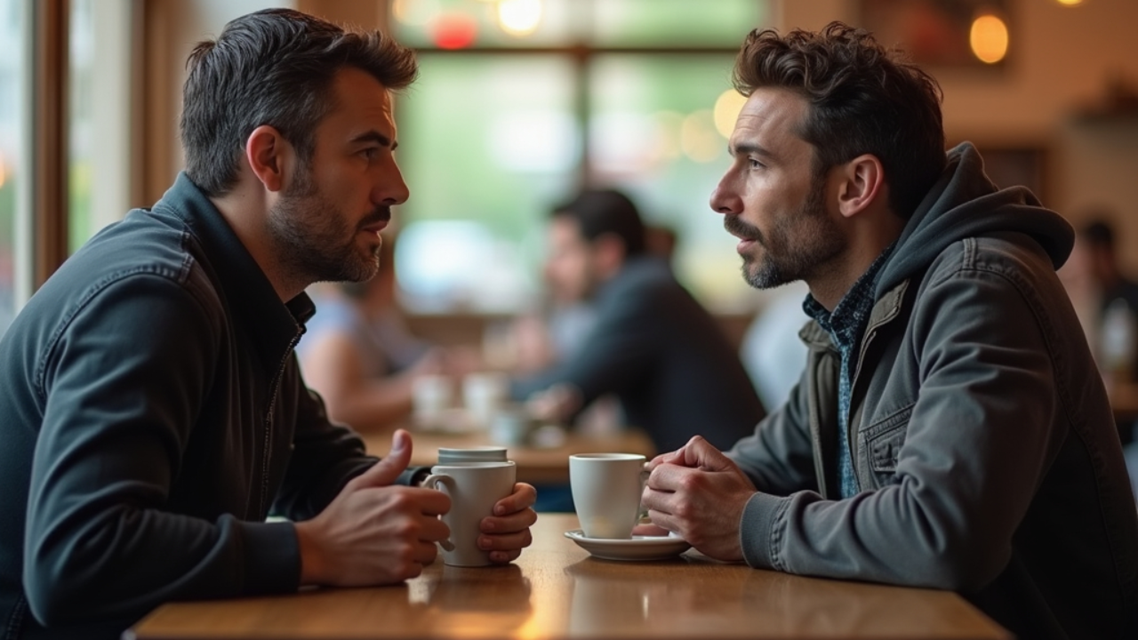 Two Christian men having coffee and sharpening one another