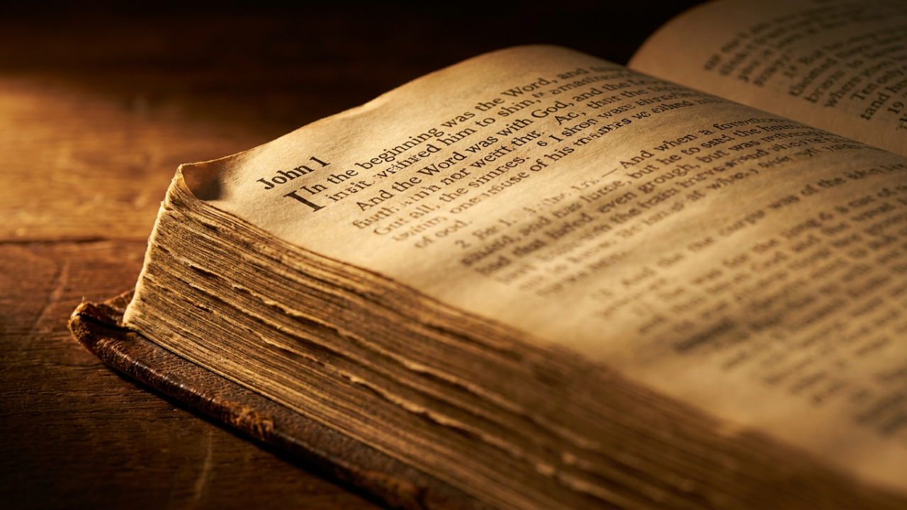 Close-up of a worn Bible open to John chapter 1 with dramatic side lighting — Fortis Vera Armory article on Jehovah's Witnesses