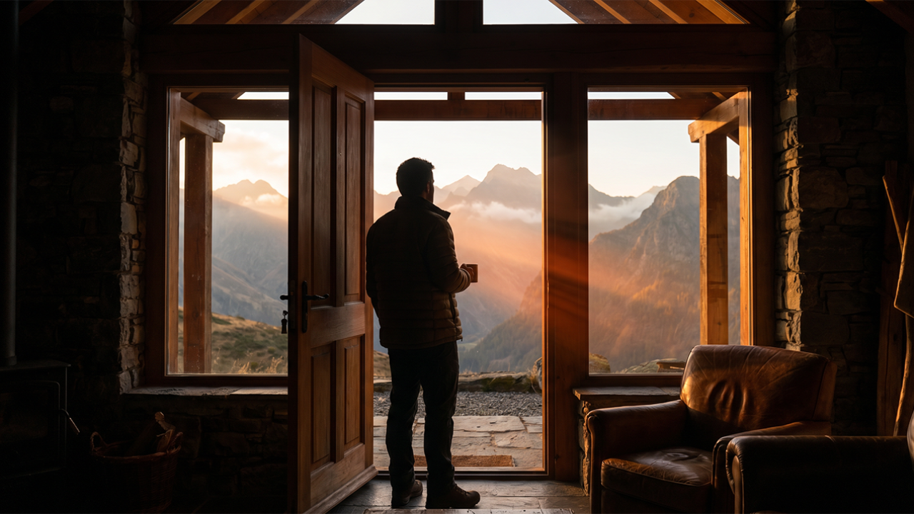 A man standing at the threshold of a home, looking forward with purpose — Fortis Vera Armory