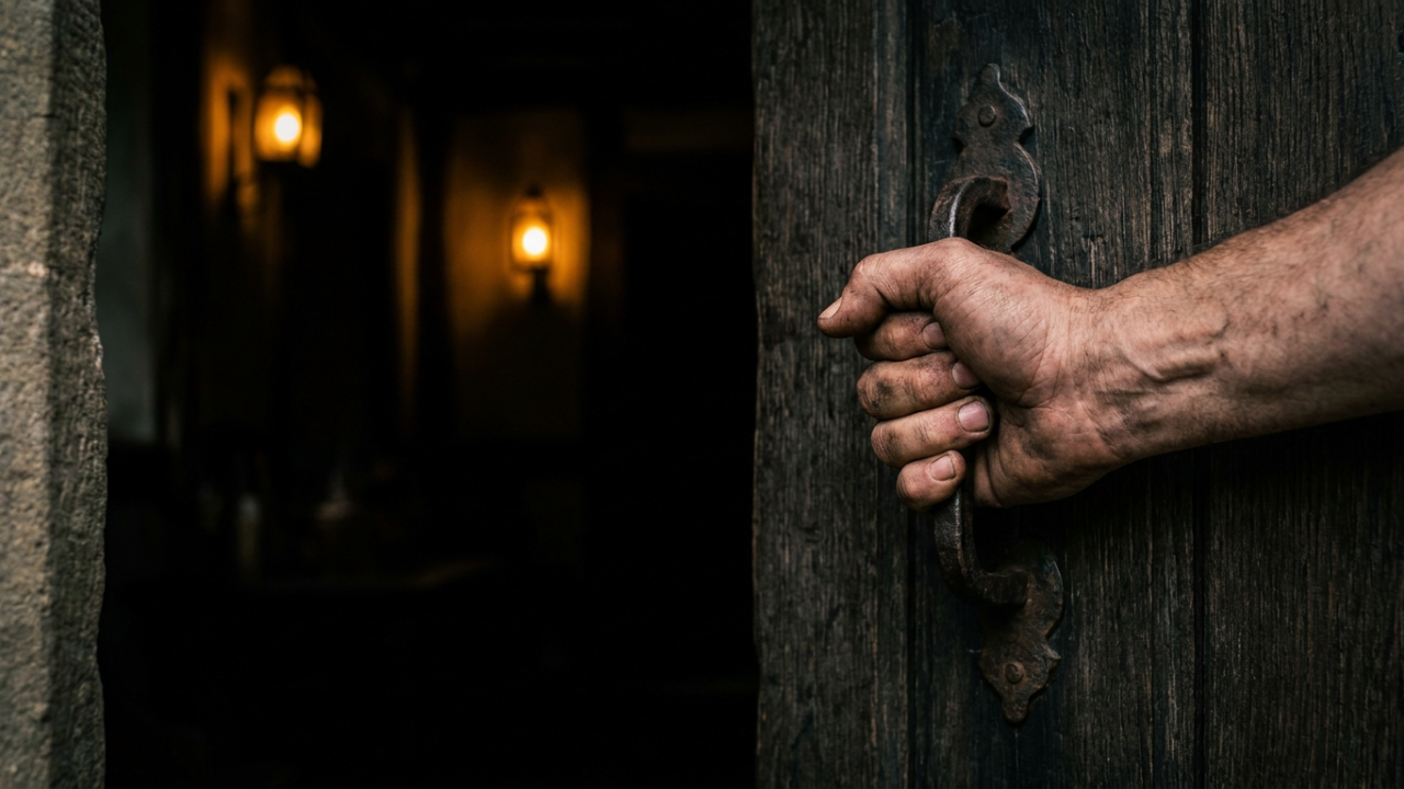 Man standing at a closed door in dramatic morning light — Fortis Vera article on repentance and discipline
