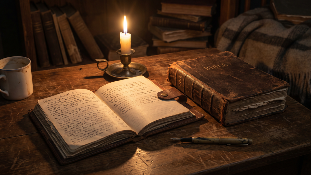 Open journal and worn Bible on a wooden desk with candlelight — Fortis Vera Armory article on Methodist Christianity