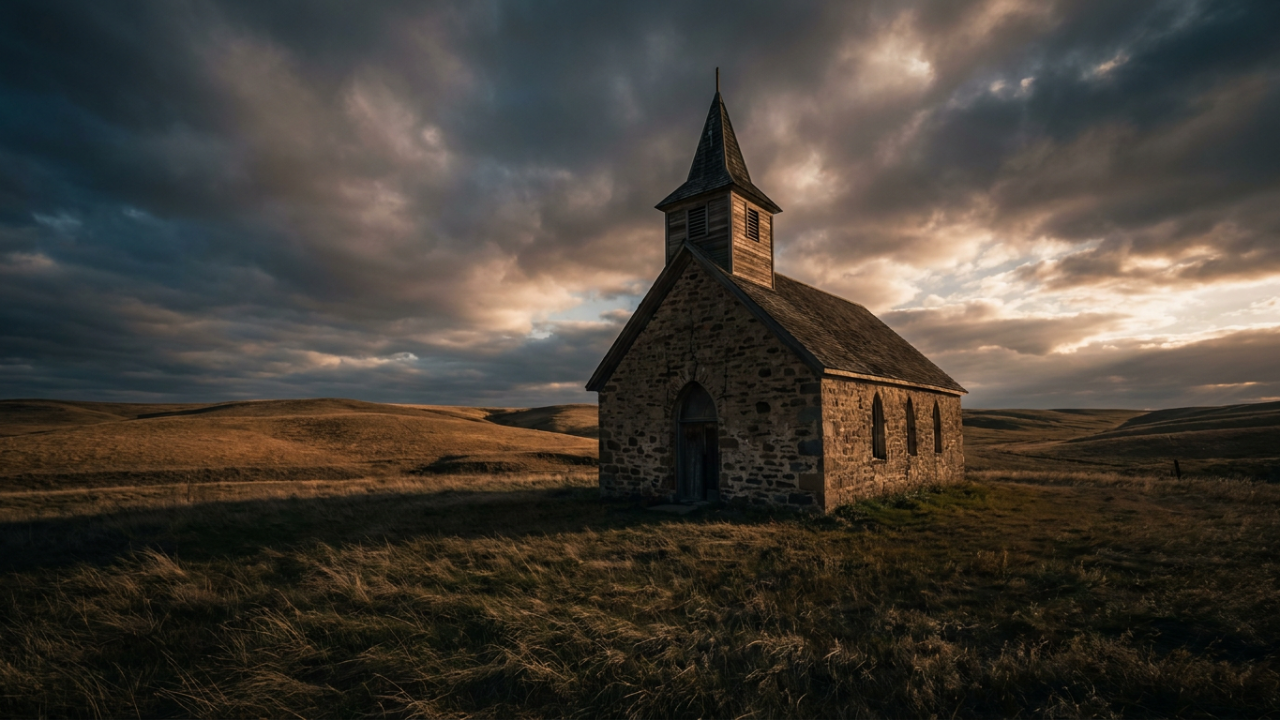 Quiet countryside church at sunset with dramatic sky