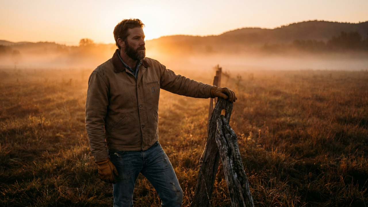 Man standing at the edge of a field at sunrise, hand resting on a wooden fence post — Fortis Vera Armory article on faithful obedience