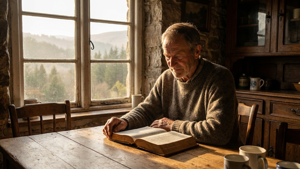Man in early morning light reading Scripture at a table — Fortis Vera Armory