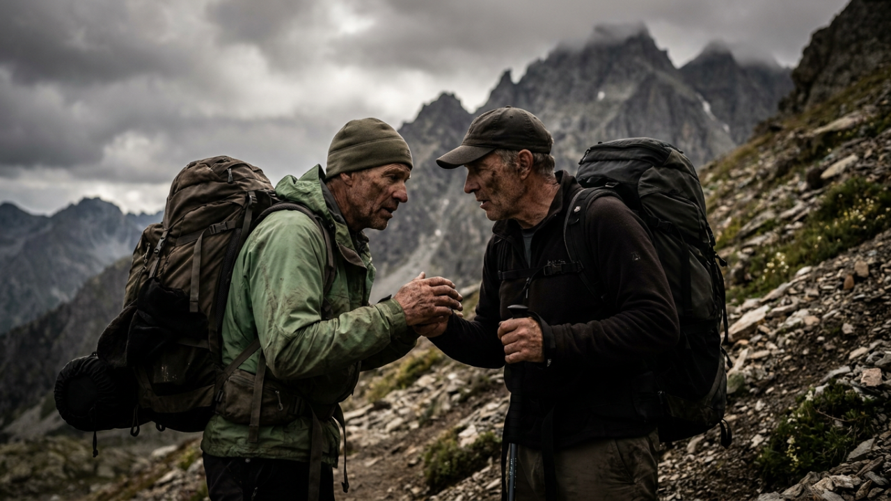 Two men in serious conversation outdoors in mountain light — Fortis Vera Armory article on accountability