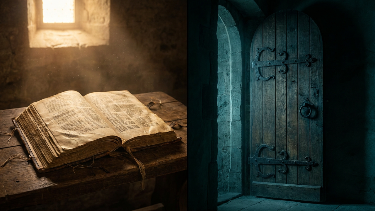 Open Bible beside a closed door in dramatic contrasting light — Fortis Vera Armory article comparing the character of God and Allah