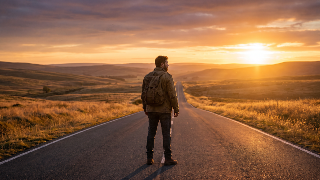 Man standing at sunrise on an open road, representing freedom with mission