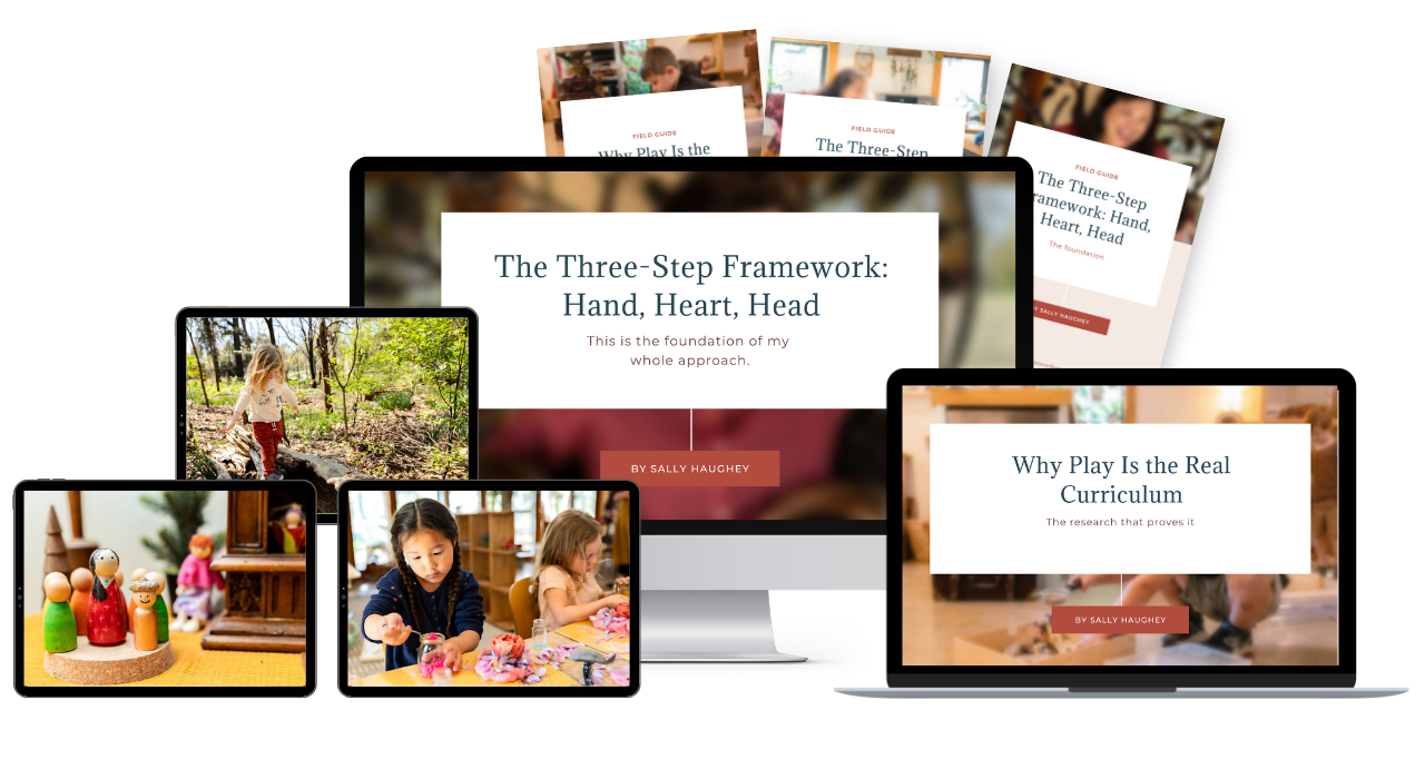 Play, Wonder, Learn field guides and training shown on a desktop, laptop, and tablets