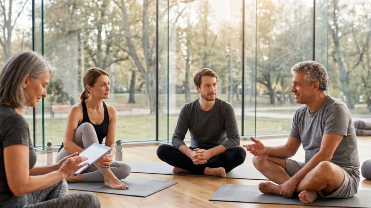 A diverse group of yoga students and teachers stand in a circle on their mats, engaging in a community discussion in a bright studio with floor-to-ceiling garden views.