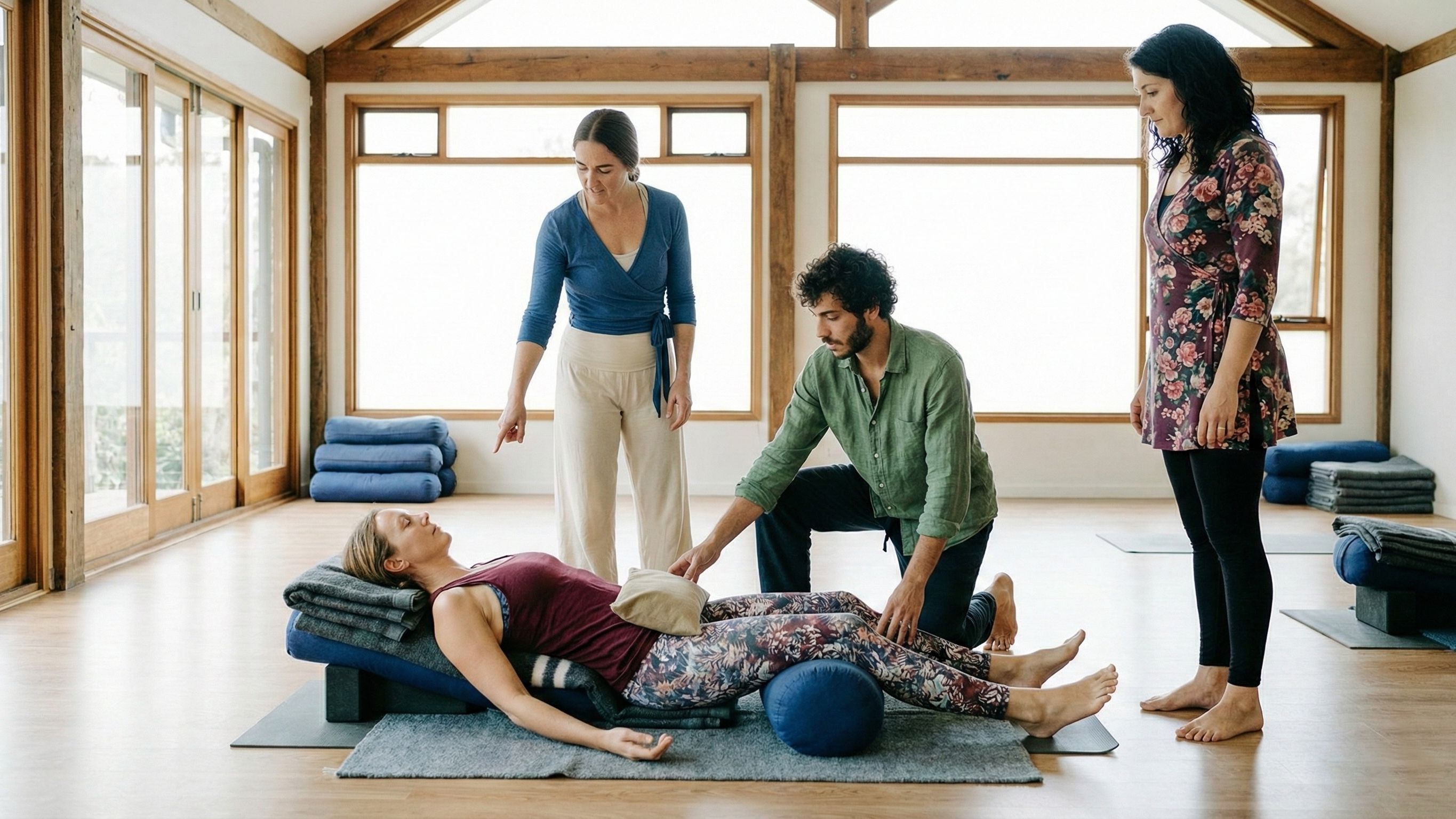 Woman laying in a restorative yoga asana while the teacher instructs a student about the propose to use and what to look for to ensure full support.
