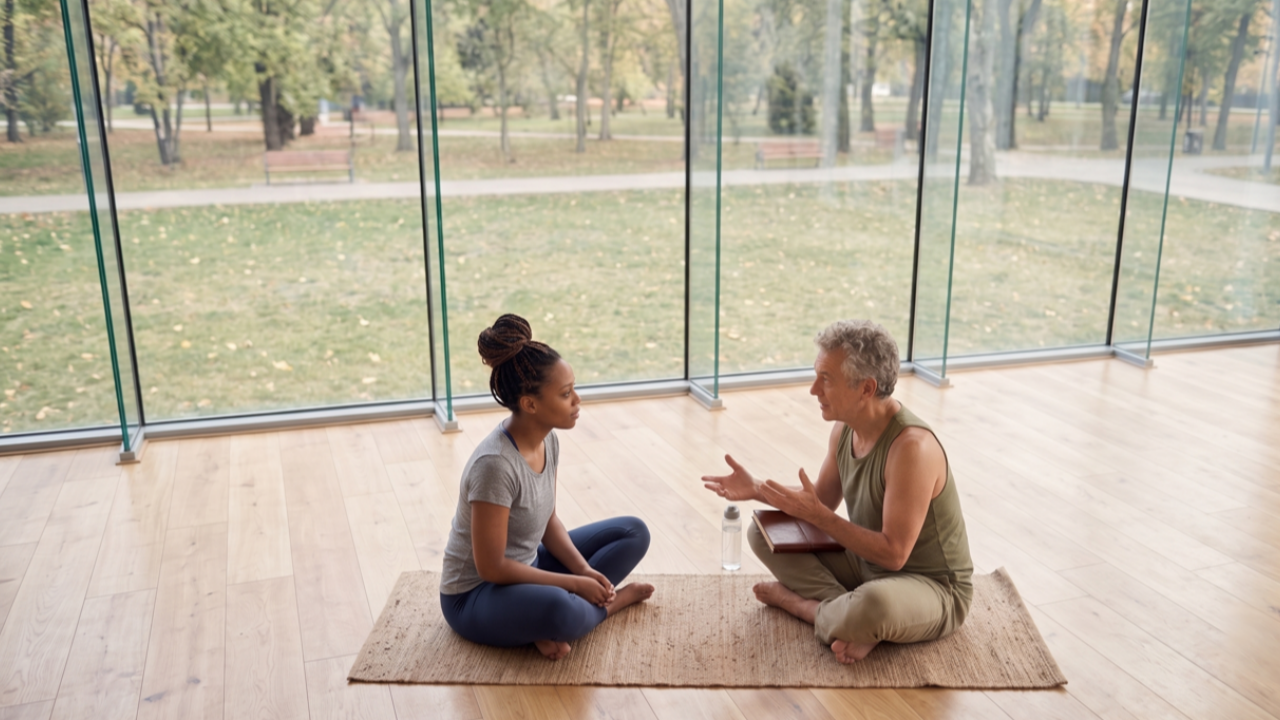 A wide-angle, slightly elevated view of two people sitting cross-legged on a woven mat in a bright, glass-walled yoga studio. An older male instructor rests a closed notebook on his lap and gestures gently as he provides verbal feedback to a young, attentive female student.