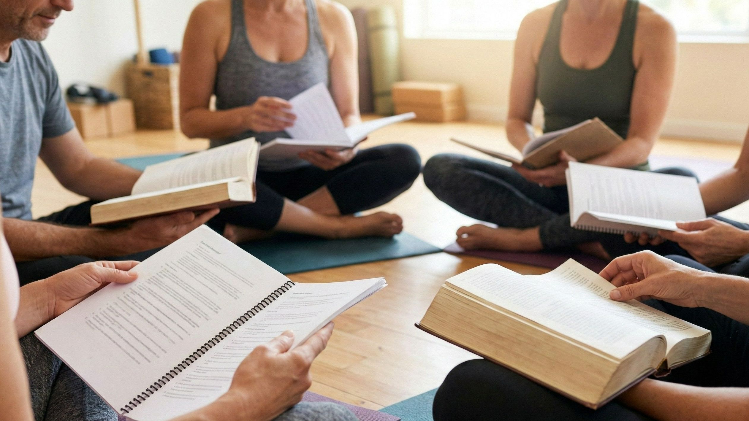 A group og yoga stydents reading books in a circle