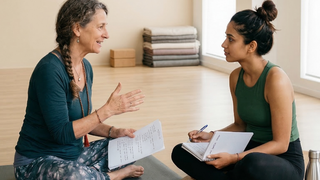 A yoga teacher trainer and yoga trainee sitting in a feedback session talking to eachother