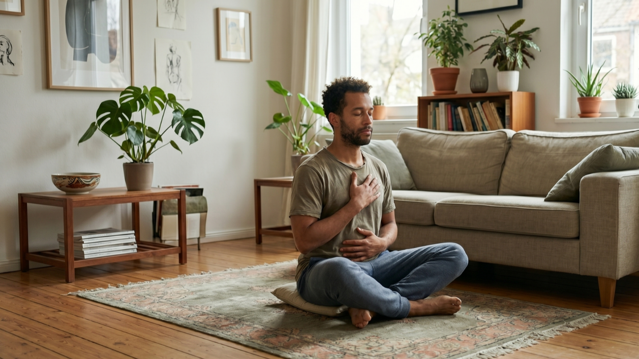 Yoga teacher sitting in meditation in his lounge room