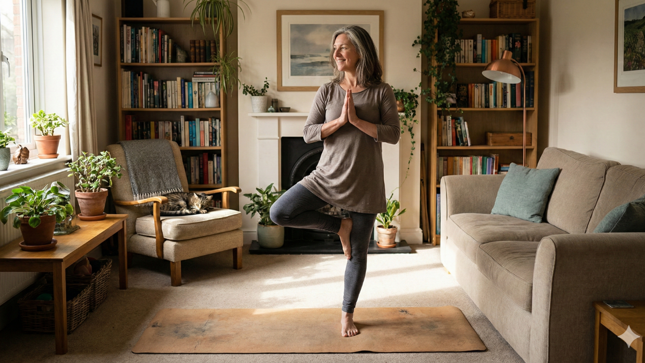 Yoga teacher in tree pose in her living room looking out the window