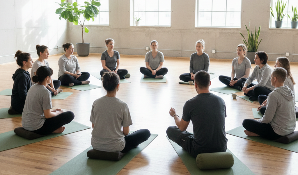 Large group of yoga teacher training students sitting in a circle on yoga mats during a meditation and mindfulness class in a bright studio.