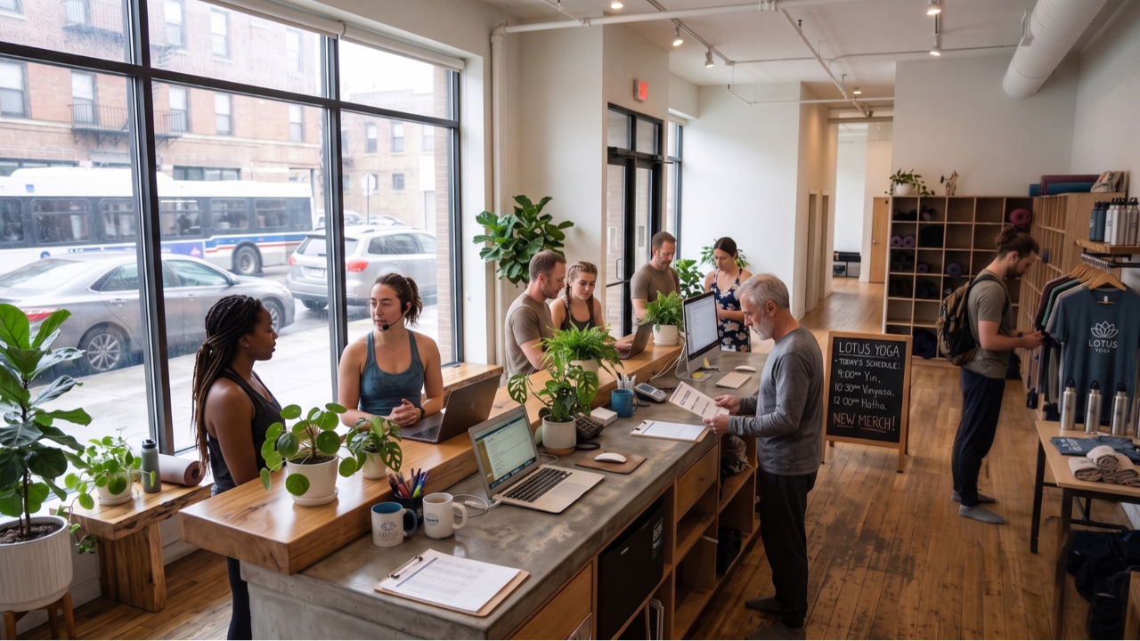 A photograph of the busy reception and waiting area of a modern yoga studio. Several people are present: two women talking at the front counter (one with a headset), a staff member working on a laptop, an older man checking in, and another person browsing yoga merchandise on shelves.
