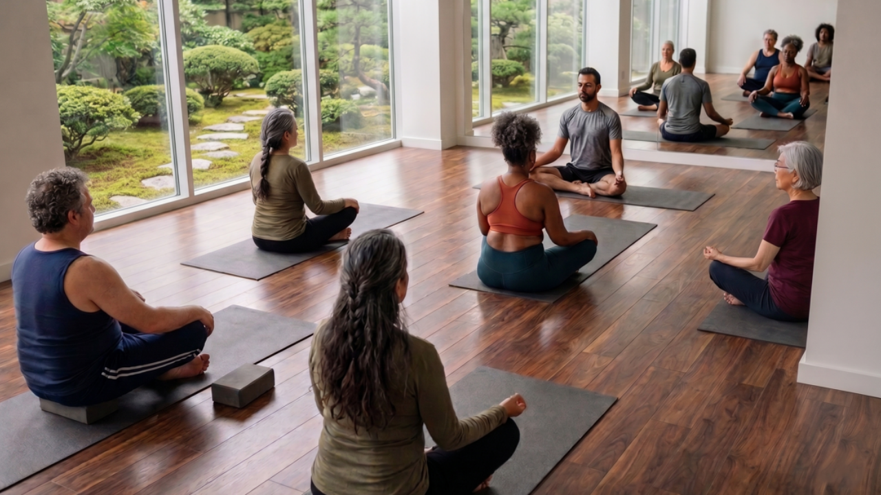 A group of diverse students, including seniors, practicing seated meditation on mats facing a lush, green Japanese-style garden through large windows.