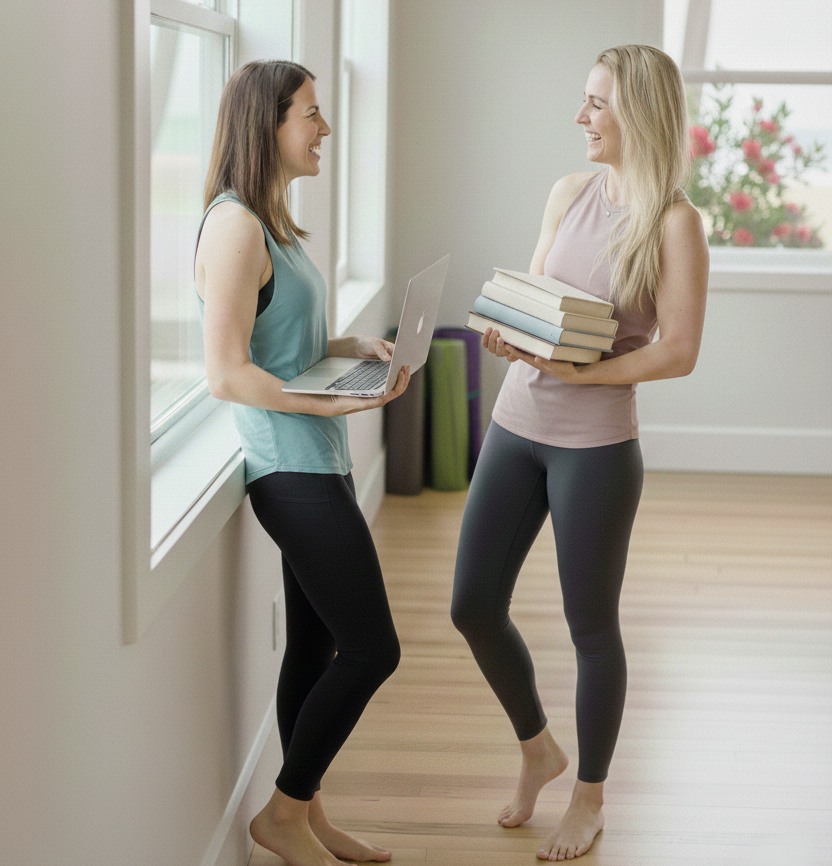 Two yoga teacher training students smiling and chatting in a yoga studio, one holding a laptop and the other holding a stack of books, with rolled yoga mats in the background.